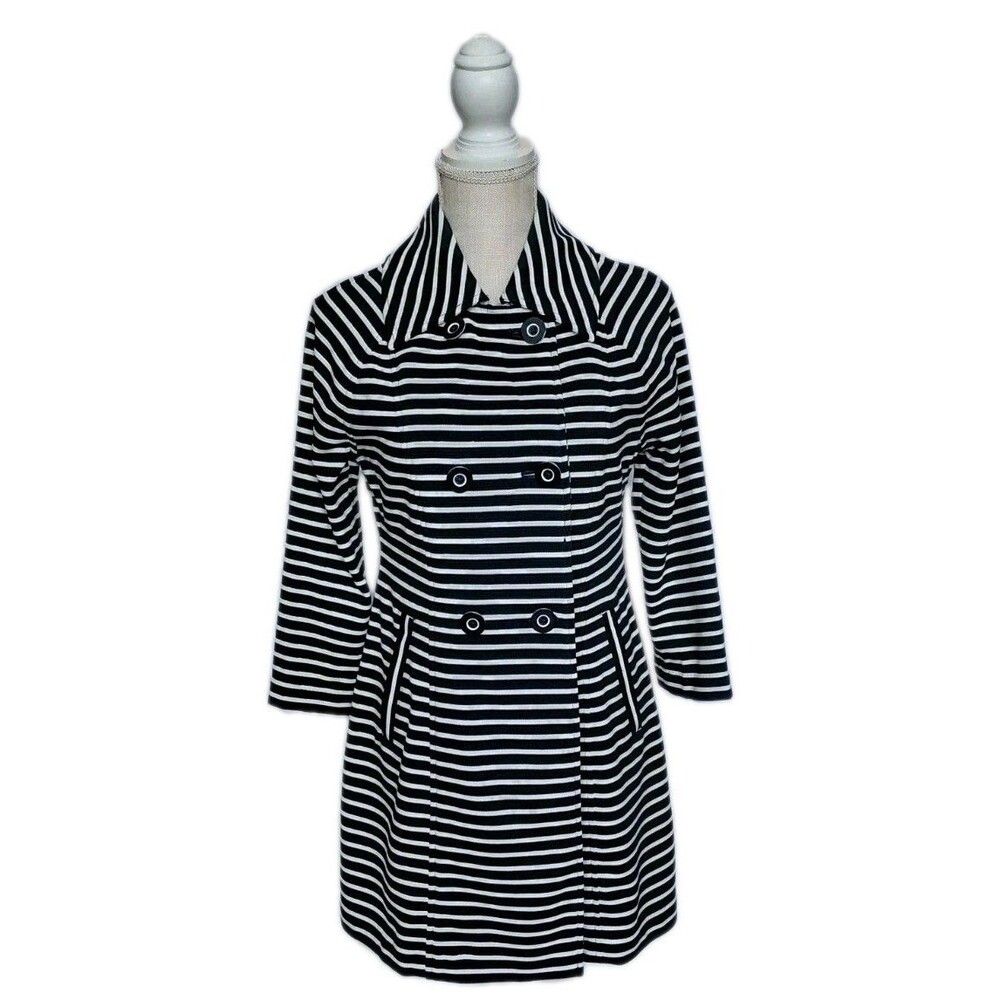 Cabi Navy/White Striped Knee Length Coat Dress Size S